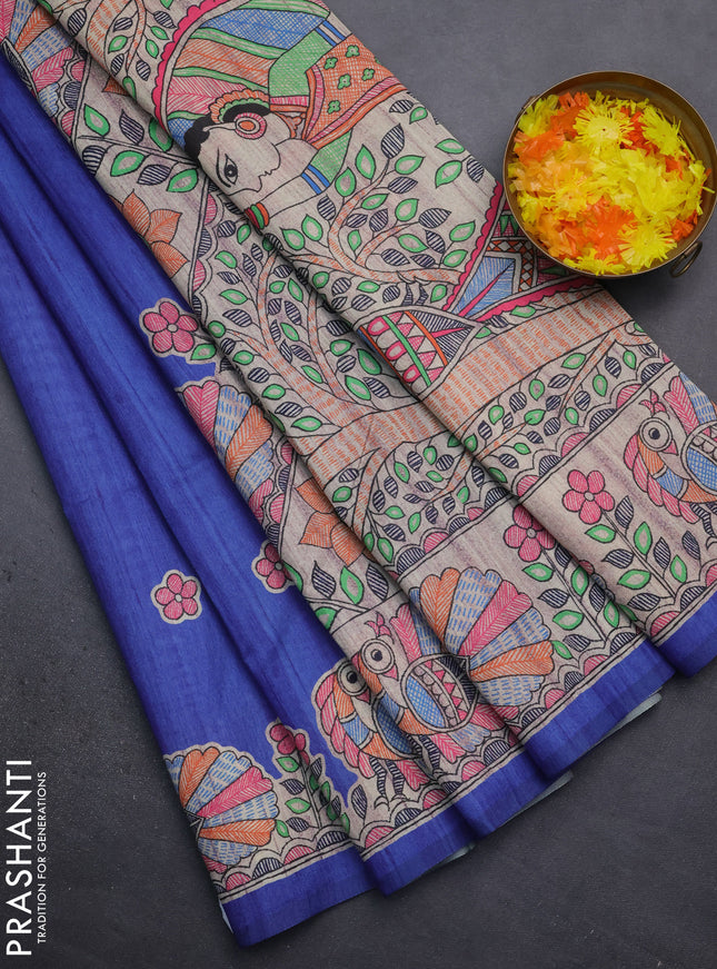Semi tussar saree blue and beige with butta prints and madhubani printed pallu