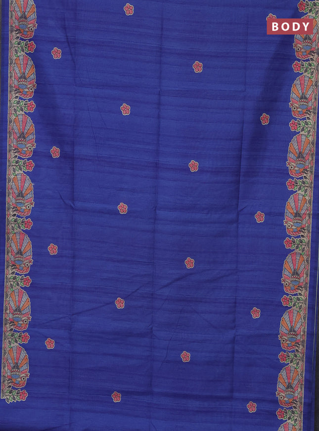 Semi tussar saree blue and beige with butta prints and madhubani printed pallu