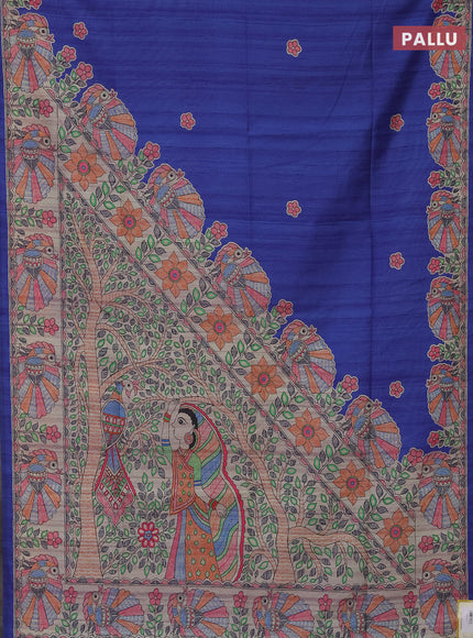 Semi tussar saree blue and beige with butta prints and madhubani printed pallu