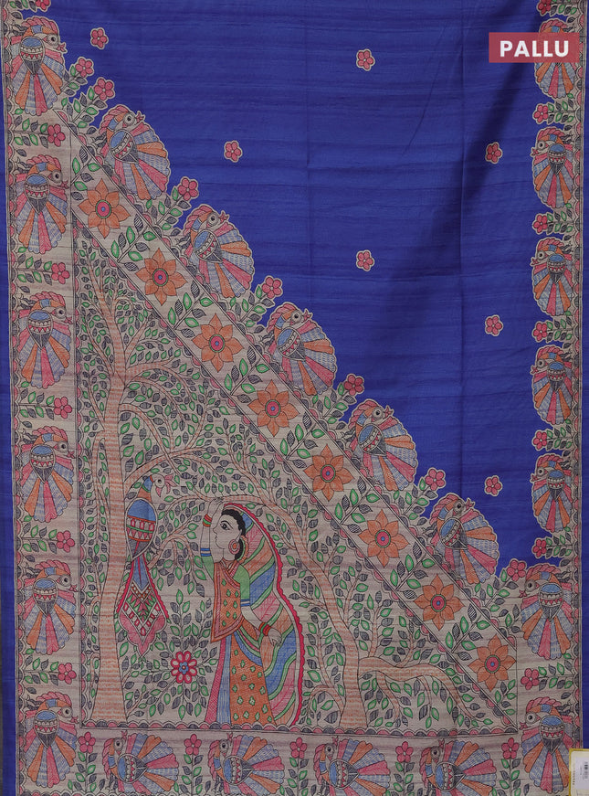 Semi tussar saree blue and beige with butta prints and madhubani printed pallu