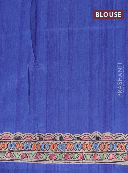 Semi tussar saree blue and beige with butta prints and madhubani printed pallu