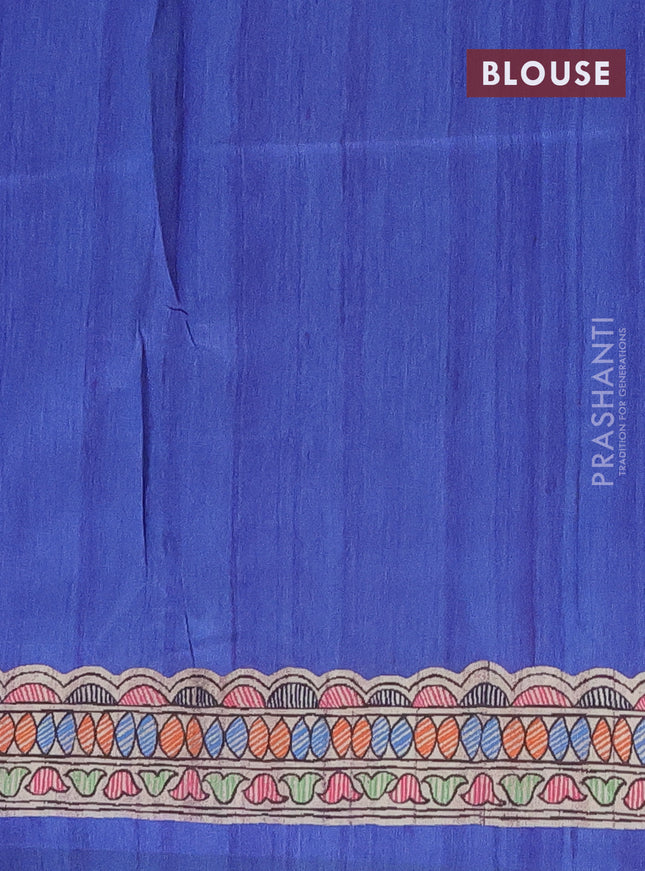 Semi tussar saree blue and beige with butta prints and madhubani printed pallu