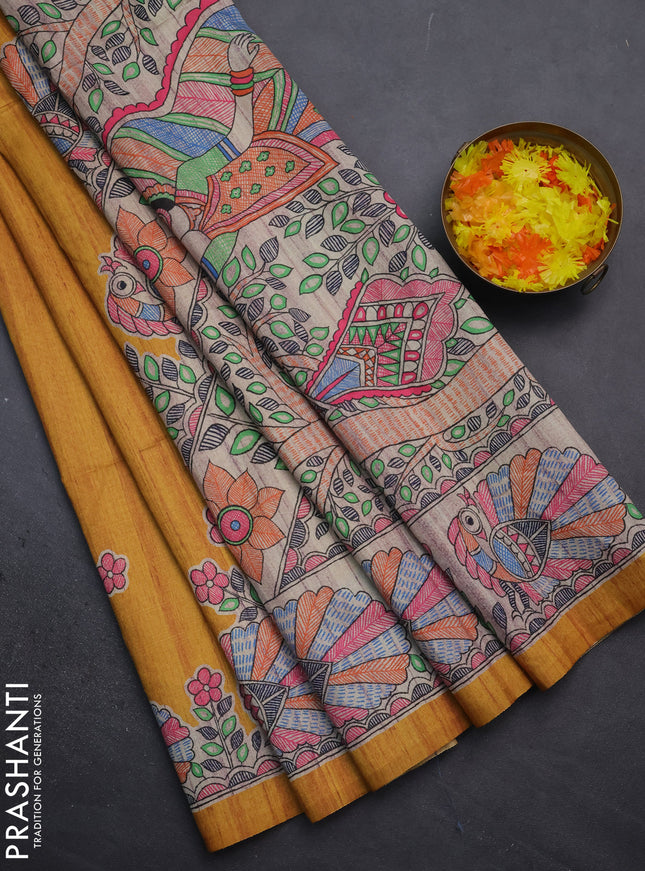 Semi tussar saree mustard yellow and beige with butta prints and madhubani printed pallu