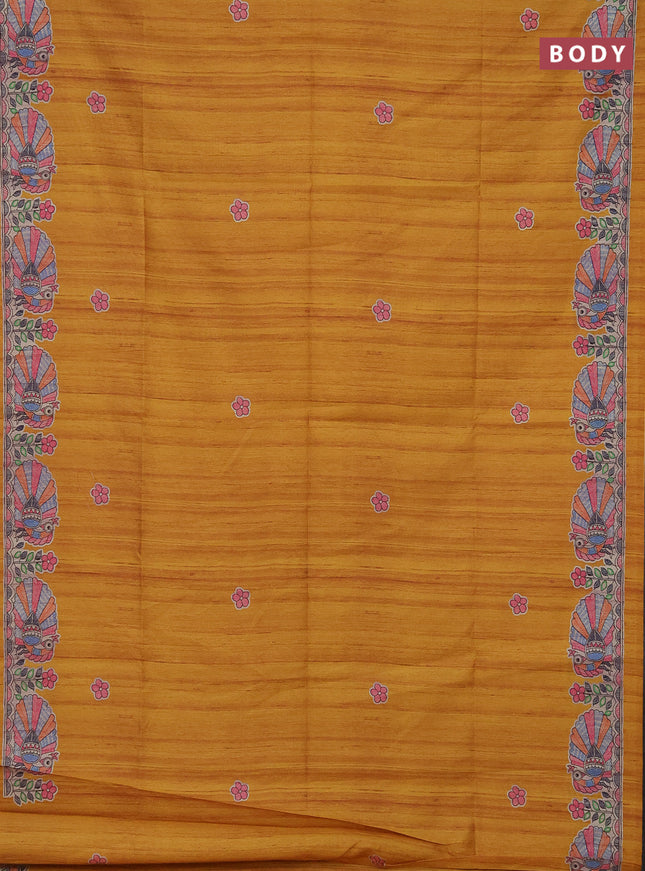 Semi tussar saree mustard yellow and beige with butta prints and madhubani printed pallu