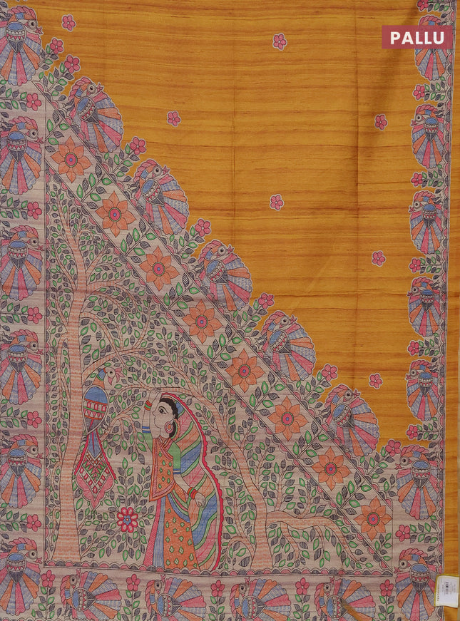 Semi tussar saree mustard yellow and beige with butta prints and madhubani printed pallu