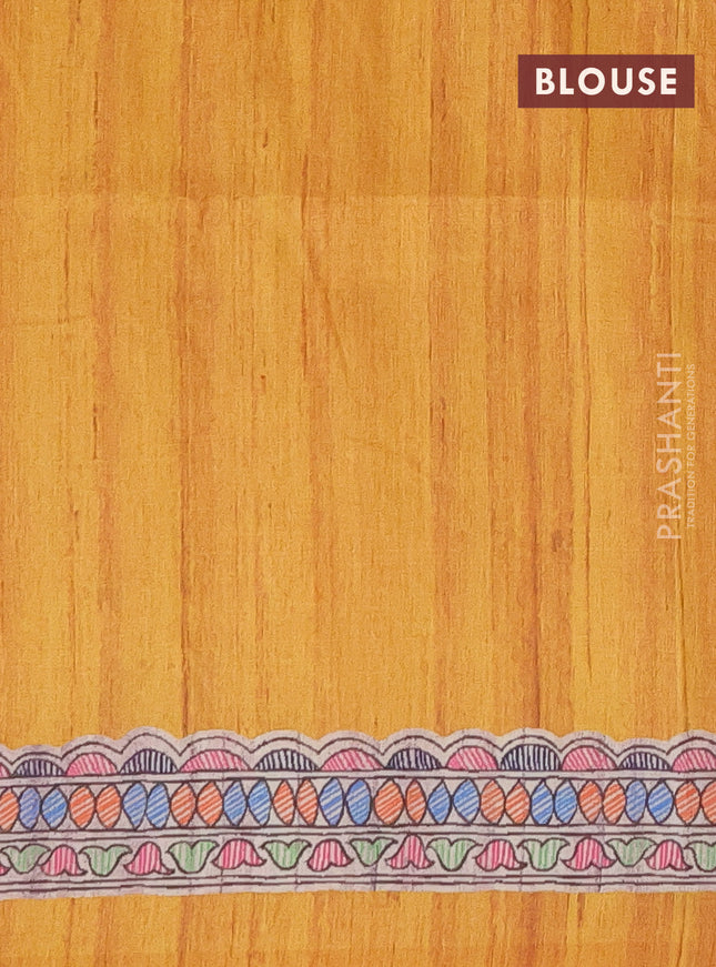 Semi tussar saree mustard yellow and beige with butta prints and madhubani printed pallu