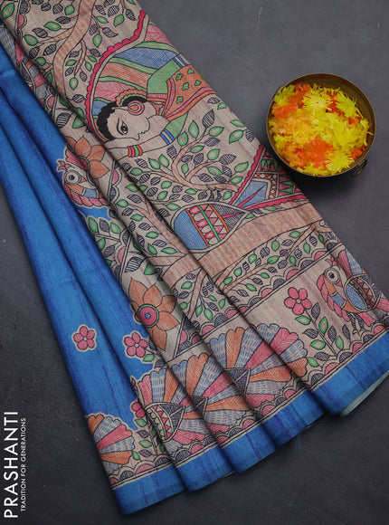 Semi tussar saree cs blue and beige with butta prints and madhubani printed pallu