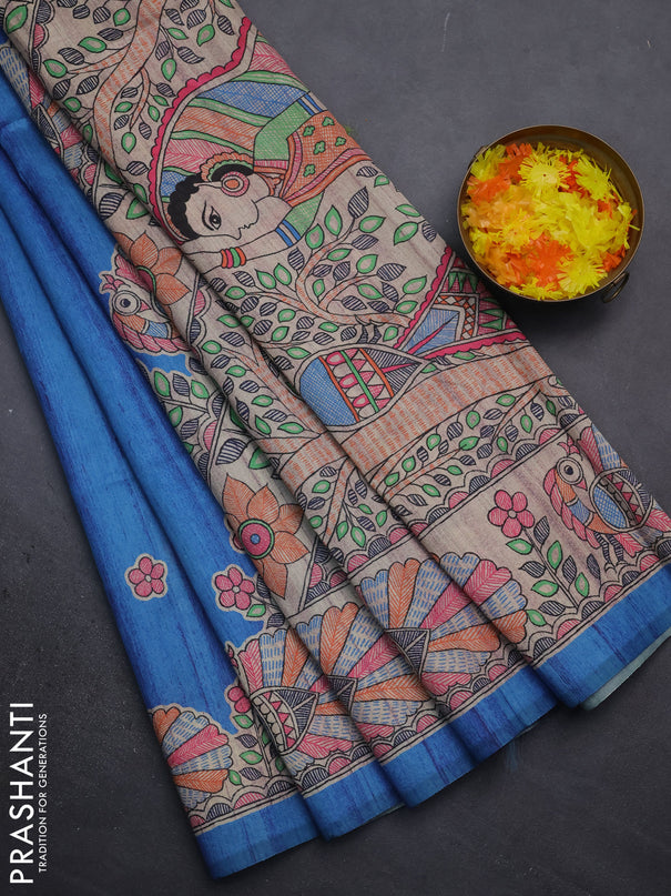 Semi tussar saree cs blue and beige with butta prints and madhubani printed pallu