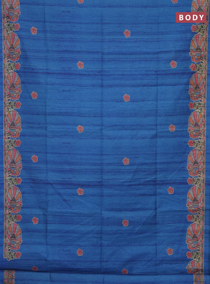 Semi tussar saree cs blue and beige with butta prints and madhubani printed pallu