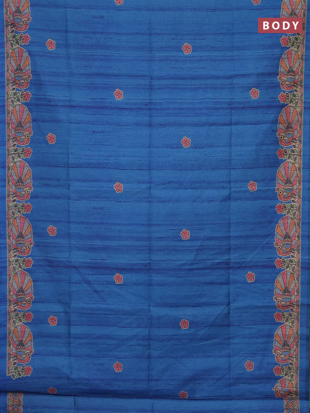 Semi tussar saree cs blue and beige with butta prints and madhubani printed pallu