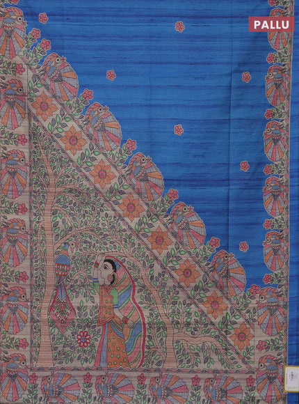 Semi tussar saree cs blue and beige with butta prints and madhubani printed pallu