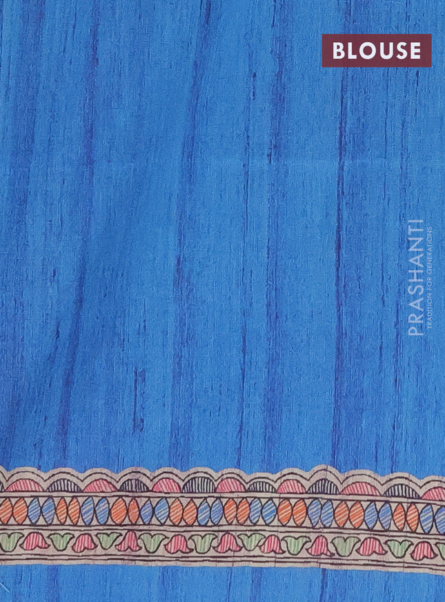 Semi tussar saree cs blue and beige with butta prints and madhubani printed pallu