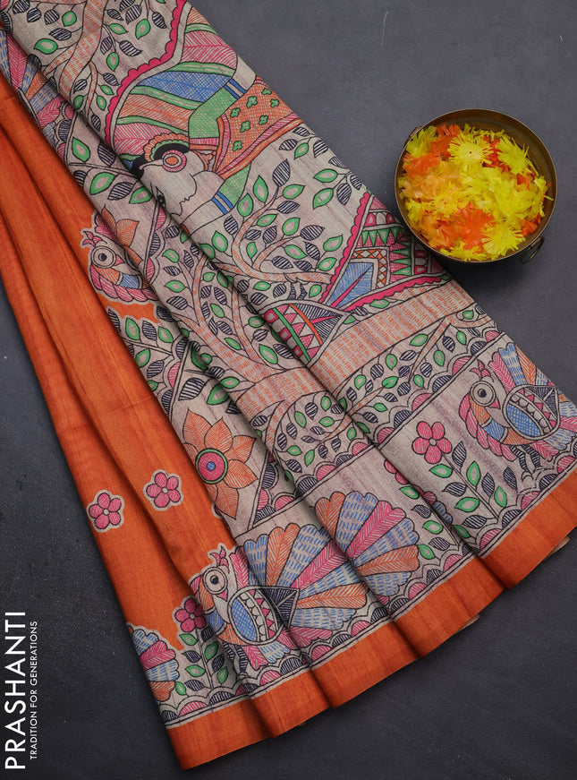 Semi tussar saree orange and beige with butta prints and madhubani printed pallu