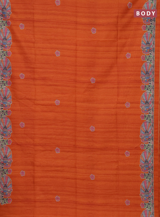 Semi tussar saree orange and beige with butta prints and madhubani printed pallu