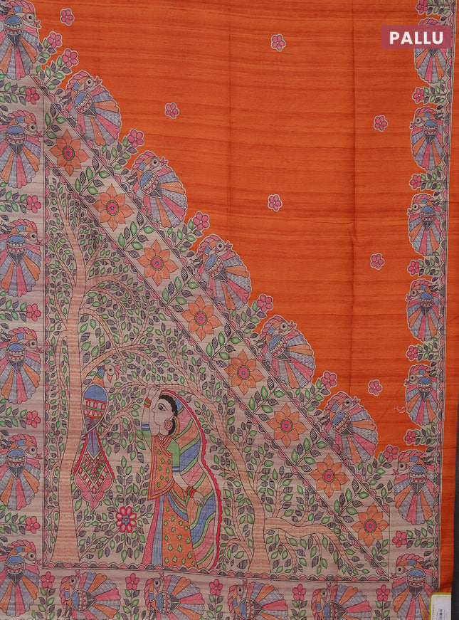 Semi tussar saree orange and beige with butta prints and madhubani printed pallu