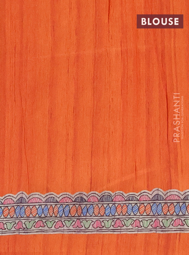 Semi tussar saree orange and beige with butta prints and madhubani printed pallu