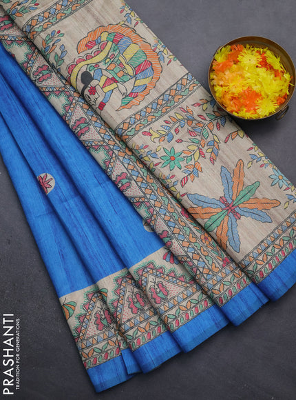 Semi tussar saree cs blue and beige with butta prints and madhubani printed pallu