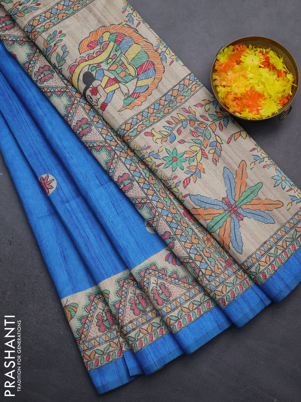 Semi tussar saree cs blue and beige with butta prints and madhubani printed pallu