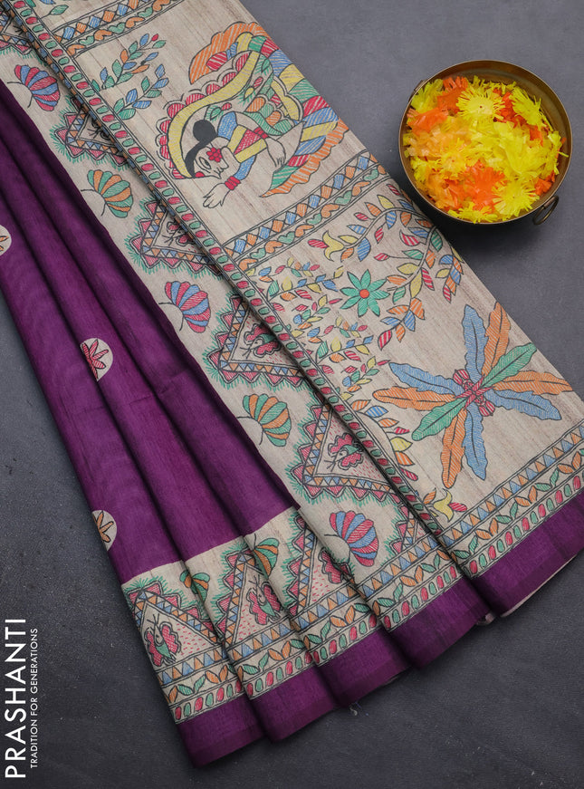 Semi tussar saree purple and beige with butta prints and madhubani printed pallu