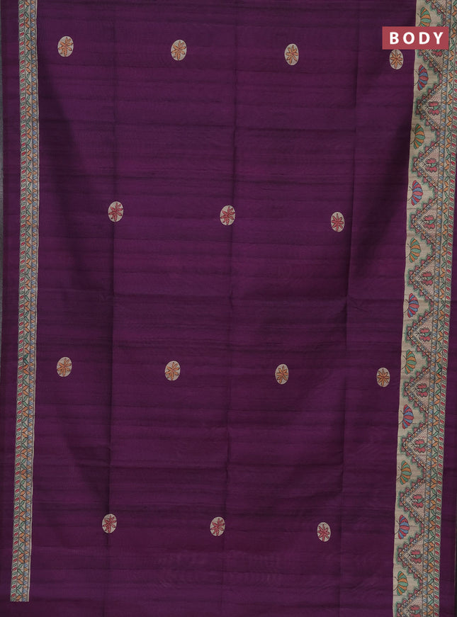 Semi tussar saree purple and beige with butta prints and madhubani printed pallu