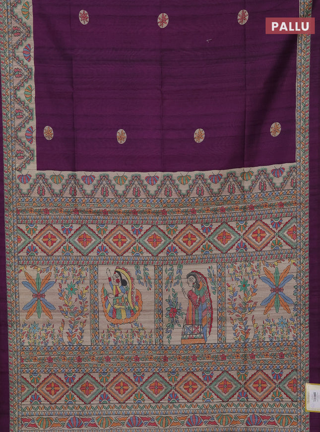 Semi tussar saree purple and beige with butta prints and madhubani printed pallu