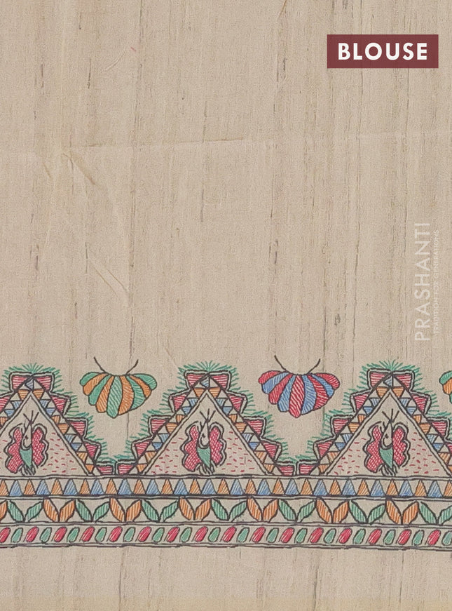 Semi tussar saree purple and beige with butta prints and madhubani printed pallu