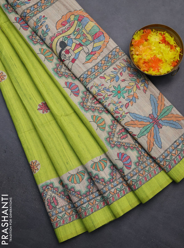 Semi tussar saree fluorescent green and beige with butta prints and madhubani printed pallu