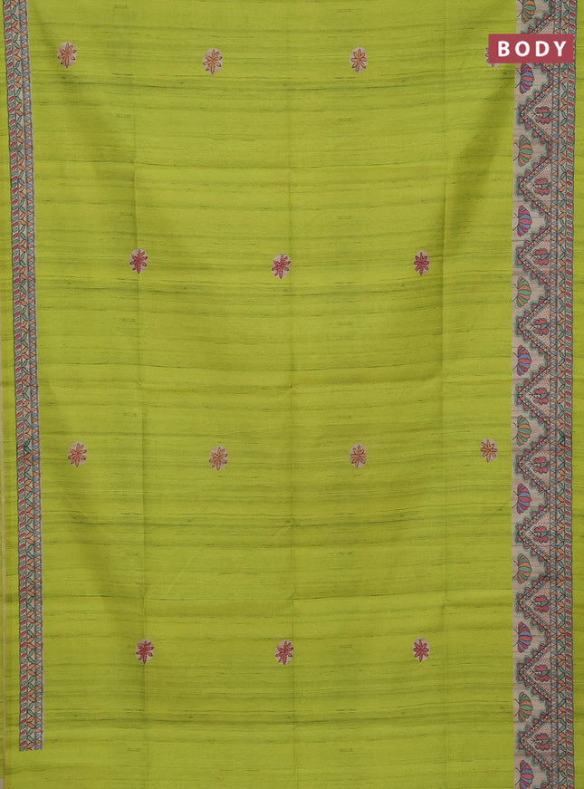 Semi tussar saree fluorescent green and beige with butta prints and madhubani printed pallu