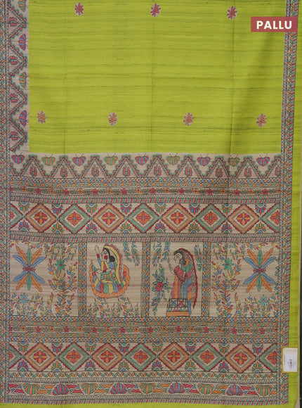 Semi tussar saree fluorescent green and beige with butta prints and madhubani printed pallu