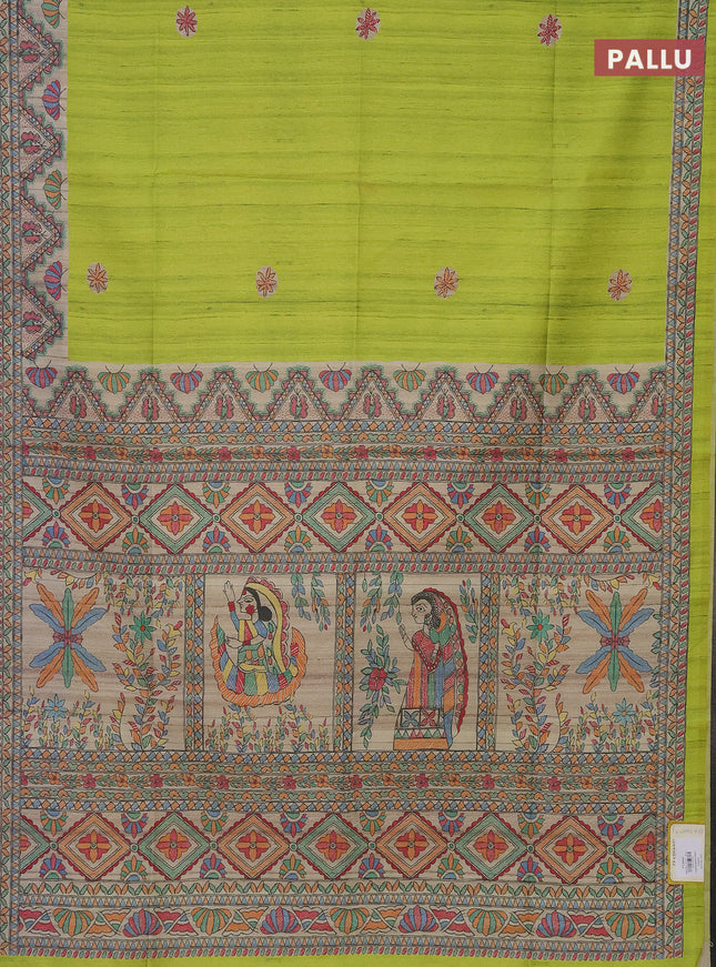 Semi tussar saree fluorescent green and beige with butta prints and madhubani printed pallu