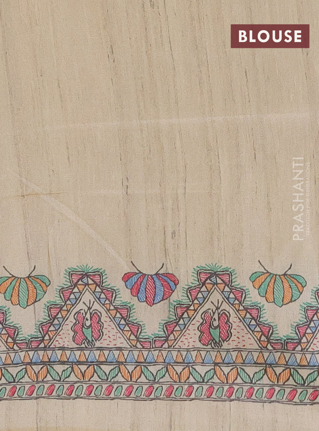 Semi tussar saree fluorescent green and beige with butta prints and madhubani printed pallu