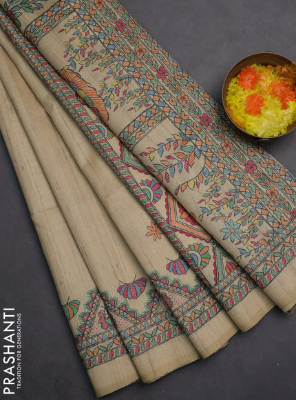 Semi tussar saree sandal with butta prints and madhubani printed pallu