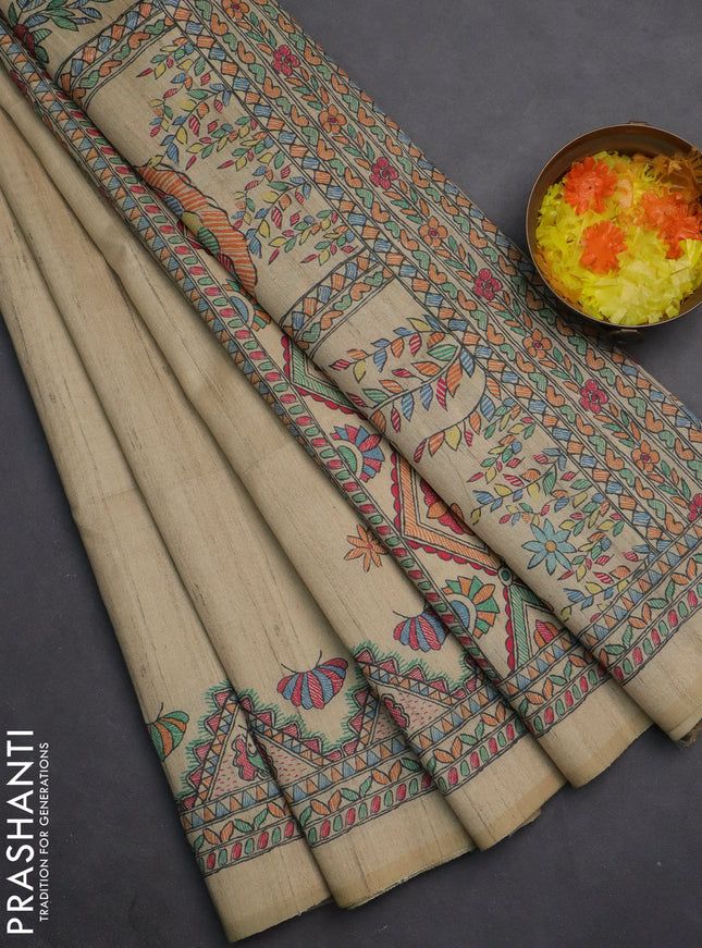 Semi tussar saree sandal with butta prints and madhubani printed pallu