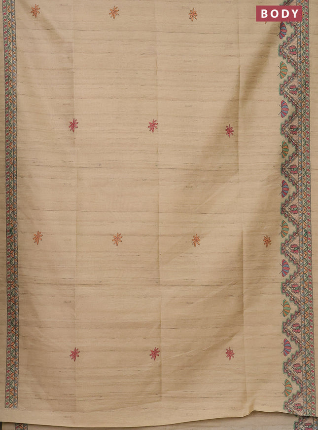 Semi tussar saree sandal with butta prints and madhubani printed pallu