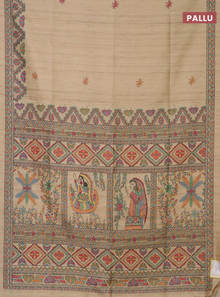 Semi tussar saree sandal with butta prints and madhubani printed pallu