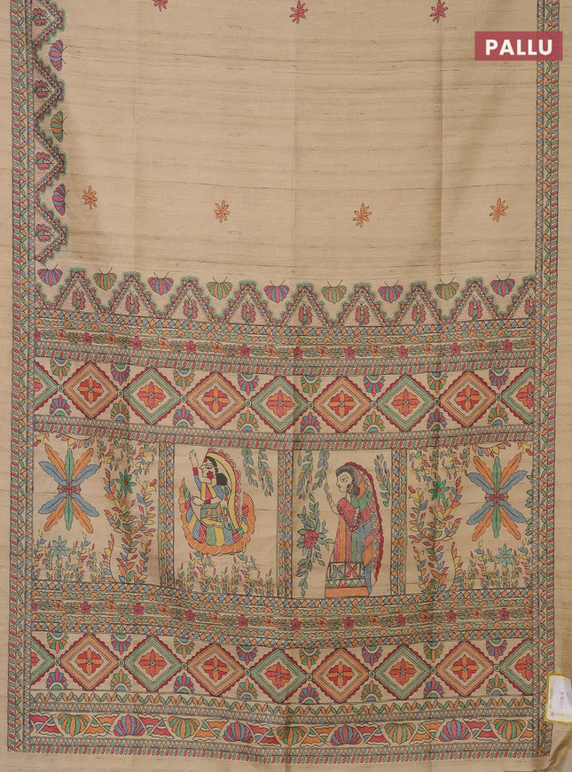 Semi tussar saree sandal with butta prints and madhubani printed pallu