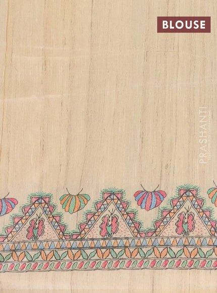 Semi tussar saree sandal with butta prints and madhubani printed pallu