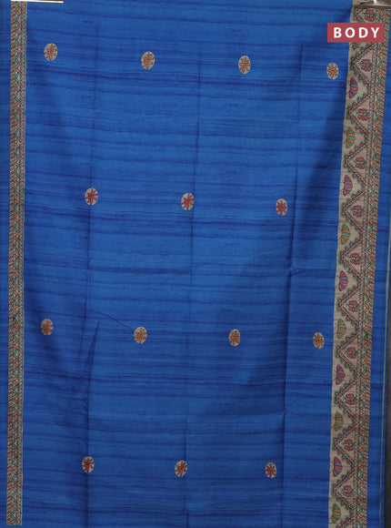 Semi tussar saree cs blue and beige with butta prints and madhubani printed pallu