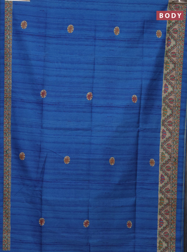 Semi tussar saree cs blue and beige with butta prints and madhubani printed pallu