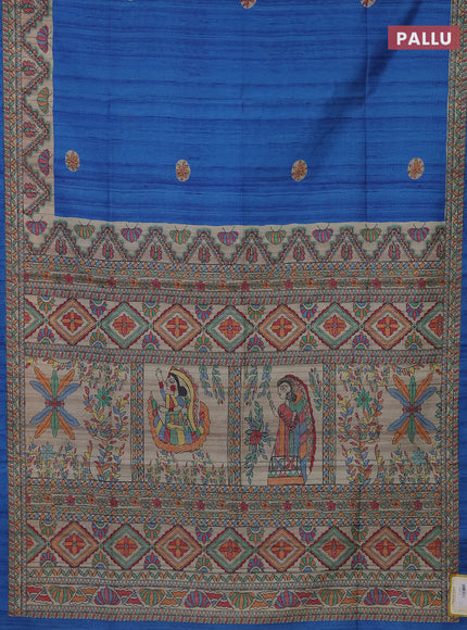 Semi tussar saree cs blue and beige with butta prints and madhubani printed pallu