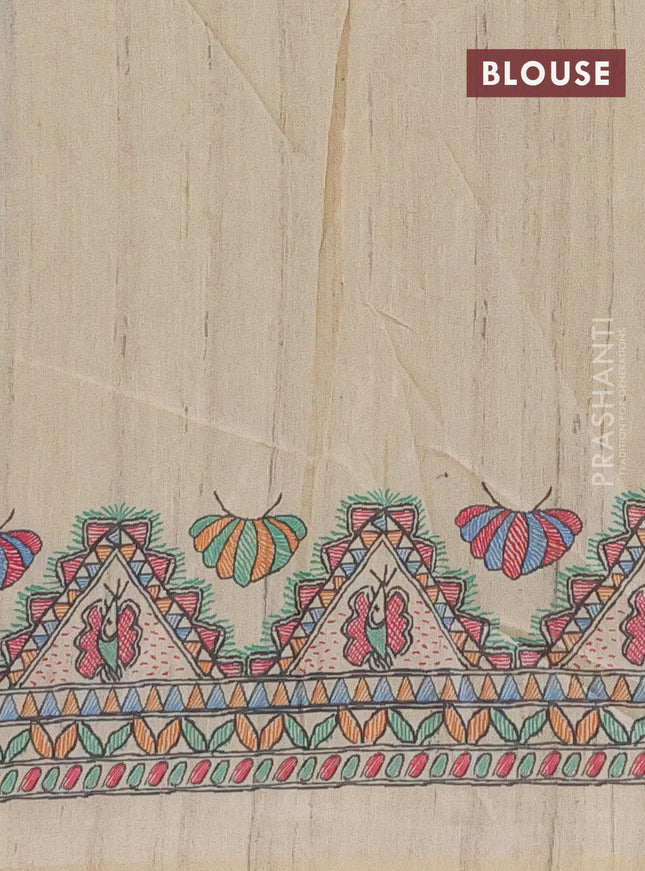 Semi tussar saree cs blue and beige with butta prints and madhubani printed pallu