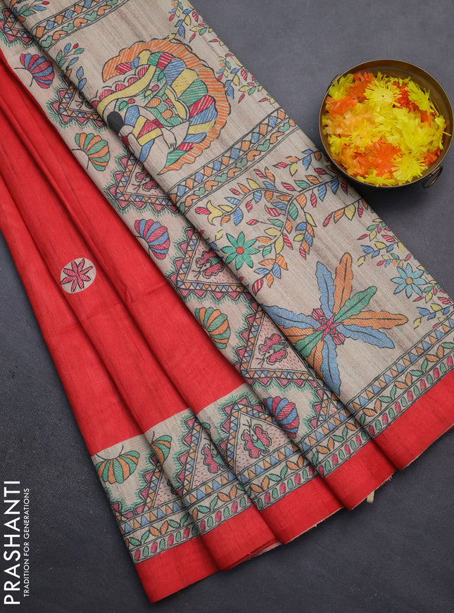 Semi tussar saree red and beige with butta prints and madhubani printed pallu