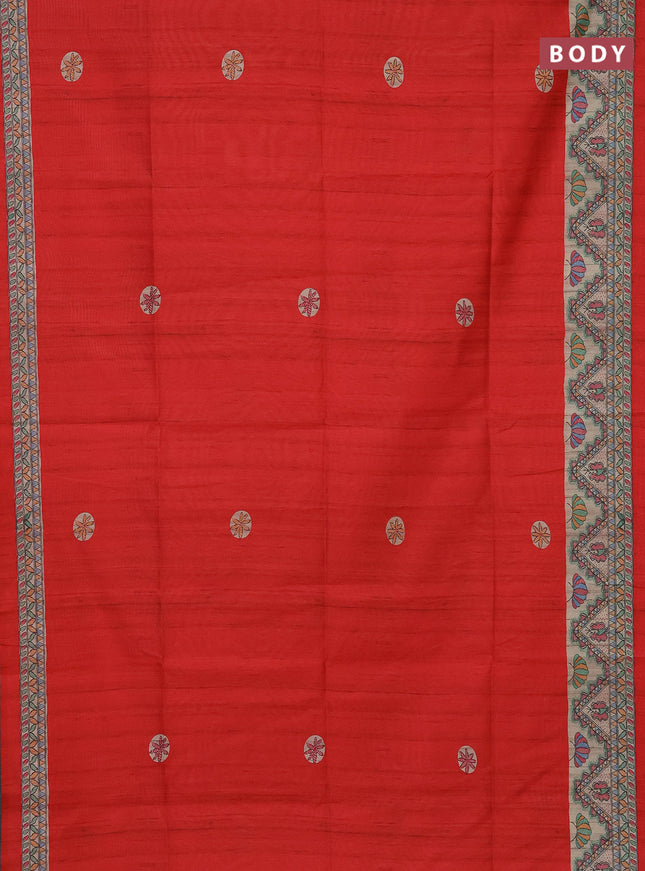 Semi tussar saree red and beige with butta prints and madhubani printed pallu