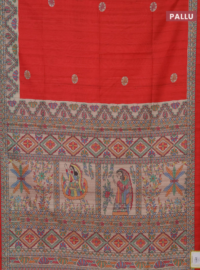 Semi tussar saree red and beige with butta prints and madhubani printed pallu