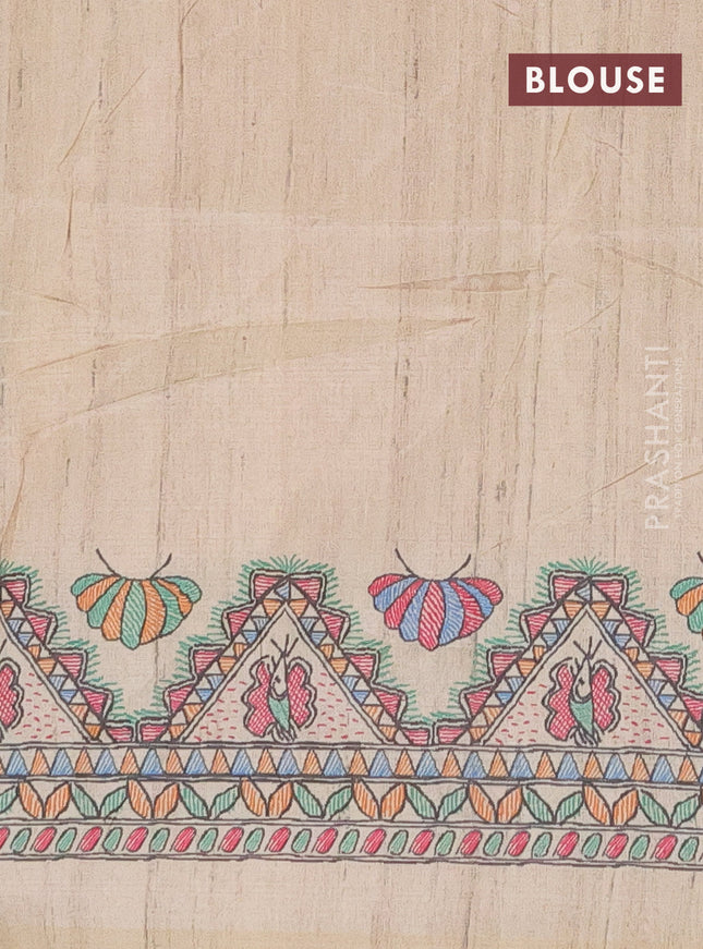 Semi tussar saree red and beige with butta prints and madhubani printed pallu