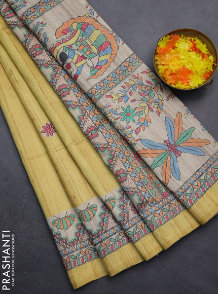 Semi tussar saree yellow and beige with butta prints and madhubani printed pallu