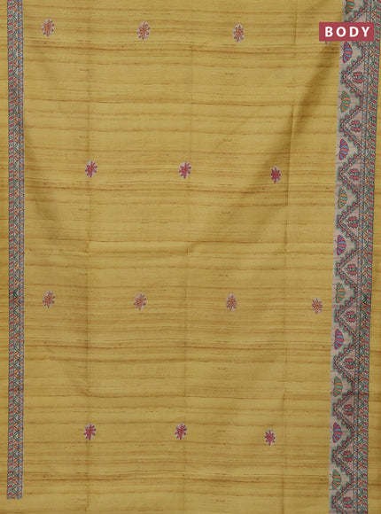 Semi tussar saree yellow and beige with butta prints and madhubani printed pallu