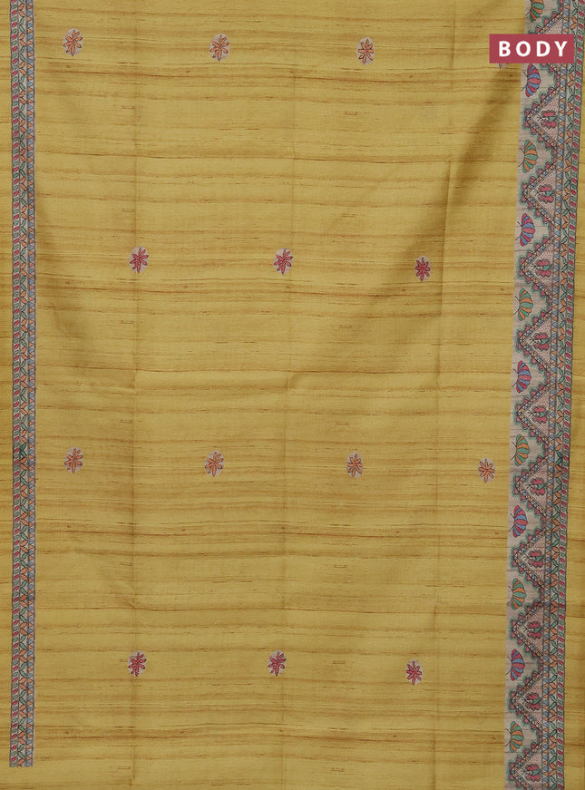Semi tussar saree yellow and beige with butta prints and madhubani printed pallu