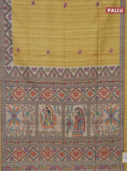 Semi tussar saree yellow and beige with butta prints and madhubani printed pallu