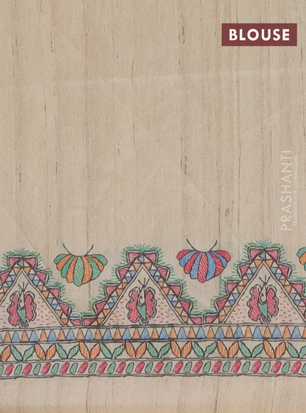 Semi tussar saree yellow and beige with butta prints and madhubani printed pallu